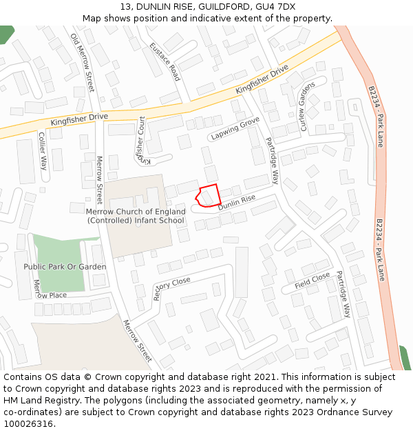 13, DUNLIN RISE, GUILDFORD, GU4 7DX: Location map and indicative extent of plot