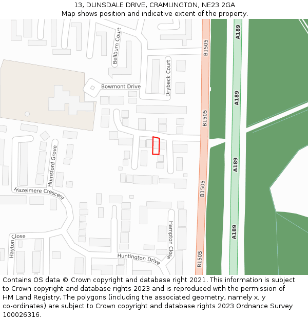 13, DUNSDALE DRIVE, CRAMLINGTON, NE23 2GA: Location map and indicative extent of plot