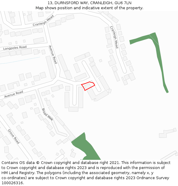 13, DURNSFORD WAY, CRANLEIGH, GU6 7LN: Location map and indicative extent of plot