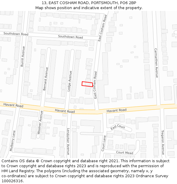 13, EAST COSHAM ROAD, PORTSMOUTH, PO6 2BP: Location map and indicative extent of plot