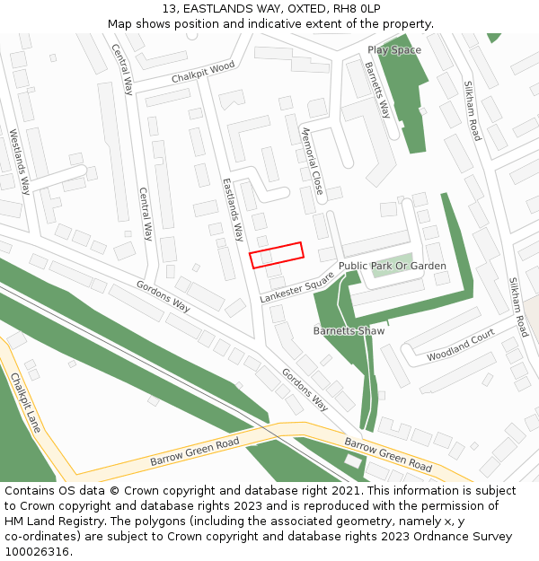 13, EASTLANDS WAY, OXTED, RH8 0LP: Location map and indicative extent of plot