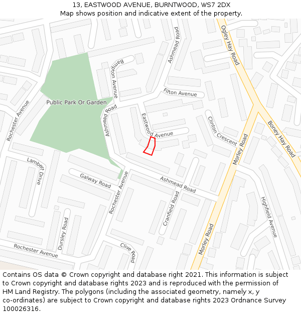 13, EASTWOOD AVENUE, BURNTWOOD, WS7 2DX: Location map and indicative extent of plot