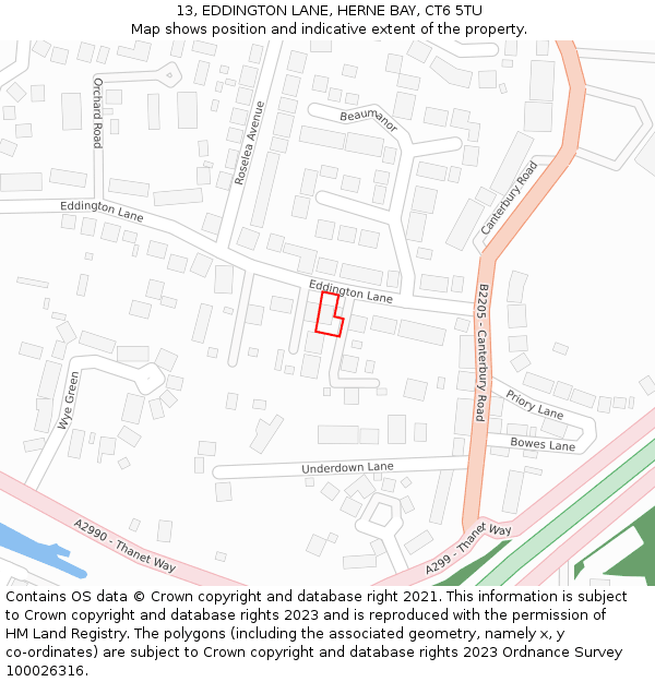 13, EDDINGTON LANE, HERNE BAY, CT6 5TU: Location map and indicative extent of plot