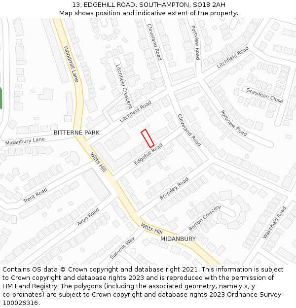 13, EDGEHILL ROAD, SOUTHAMPTON, SO18 2AH: Location map and indicative extent of plot