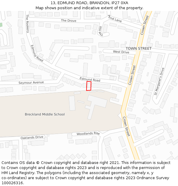 13, EDMUND ROAD, BRANDON, IP27 0XA: Location map and indicative extent of plot