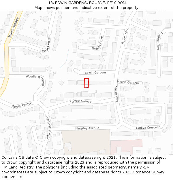 13, EDWIN GARDENS, BOURNE, PE10 9QN: Location map and indicative extent of plot