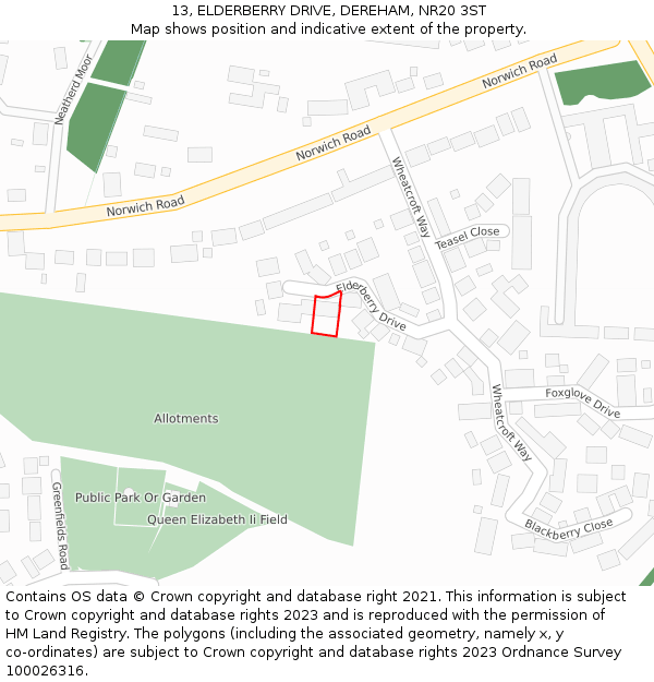 13, ELDERBERRY DRIVE, DEREHAM, NR20 3ST: Location map and indicative extent of plot