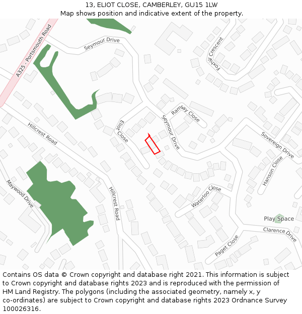 13, ELIOT CLOSE, CAMBERLEY, GU15 1LW: Location map and indicative extent of plot