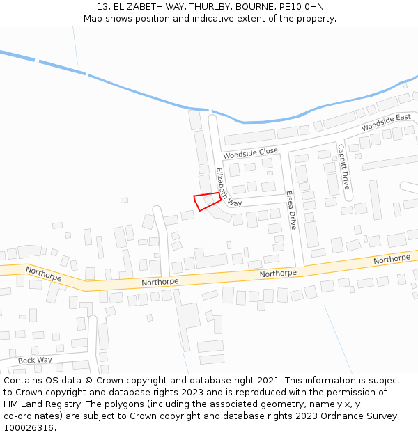 13, ELIZABETH WAY, THURLBY, BOURNE, PE10 0HN: Location map and indicative extent of plot