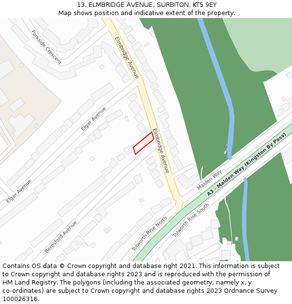 13, ELMBRIDGE AVENUE, SURBITON, KT5 9EY: Location map and indicative extent of plot