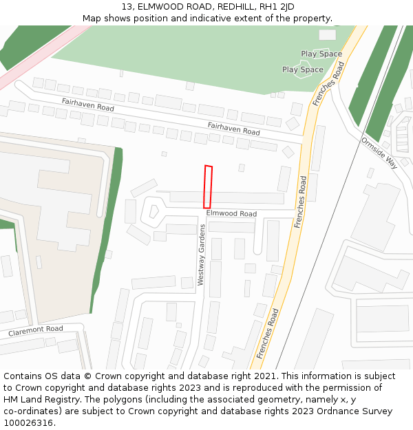 13, ELMWOOD ROAD, REDHILL, RH1 2JD: Location map and indicative extent of plot