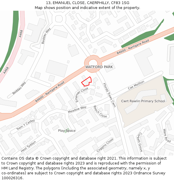 13, EMANUEL CLOSE, CAERPHILLY, CF83 1SG: Location map and indicative extent of plot