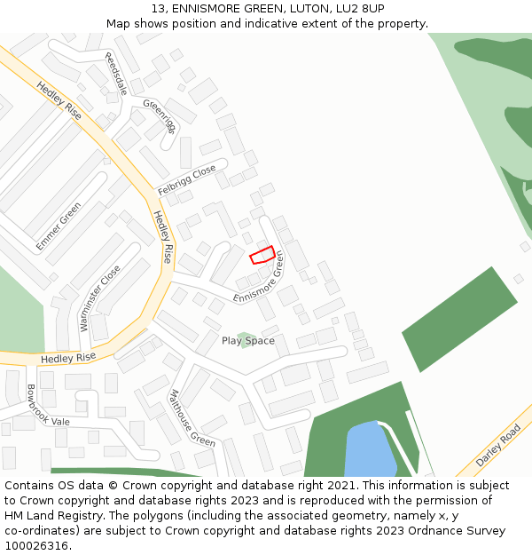 13, ENNISMORE GREEN, LUTON, LU2 8UP: Location map and indicative extent of plot