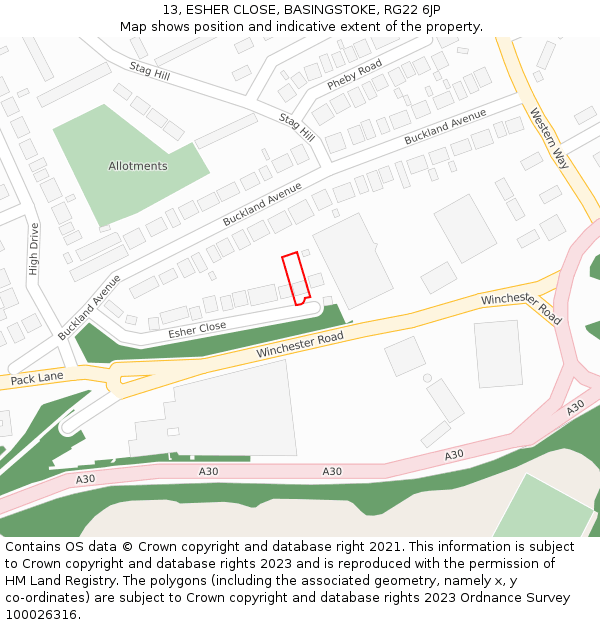 13, ESHER CLOSE, BASINGSTOKE, RG22 6JP: Location map and indicative extent of plot