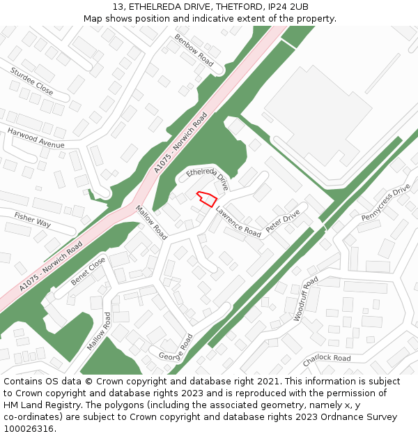 13, ETHELREDA DRIVE, THETFORD, IP24 2UB: Location map and indicative extent of plot