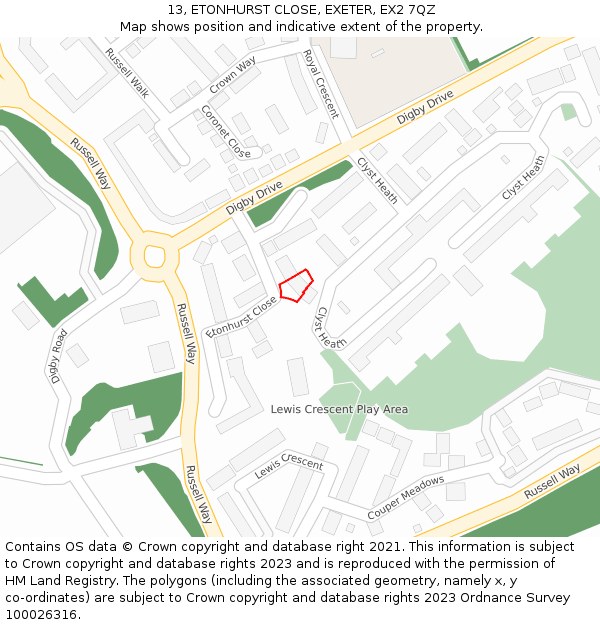 13, ETONHURST CLOSE, EXETER, EX2 7QZ: Location map and indicative extent of plot