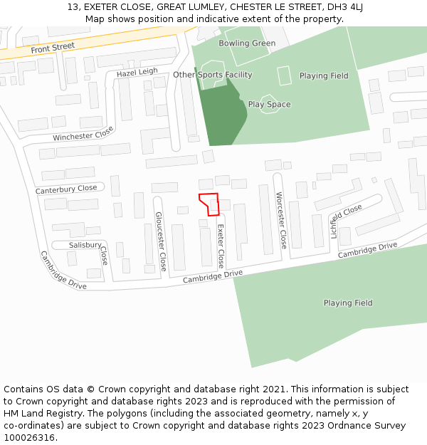 13, EXETER CLOSE, GREAT LUMLEY, CHESTER LE STREET, DH3 4LJ: Location map and indicative extent of plot