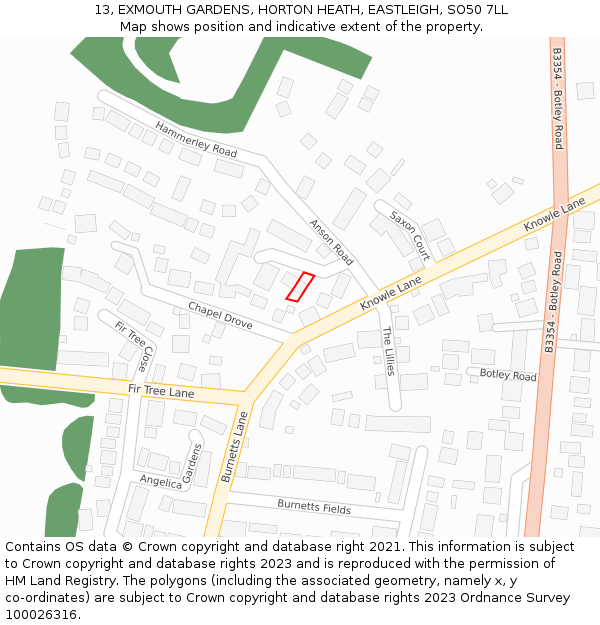 13, EXMOUTH GARDENS, HORTON HEATH, EASTLEIGH, SO50 7LL: Location map and indicative extent of plot