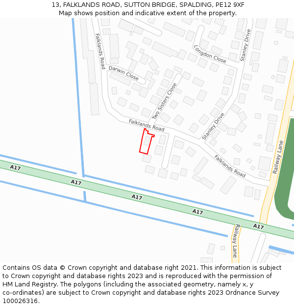 13, FALKLANDS ROAD, SUTTON BRIDGE, SPALDING, PE12 9XF: Location map and indicative extent of plot