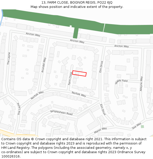 13, FARM CLOSE, BOGNOR REGIS, PO22 6JQ: Location map and indicative extent of plot