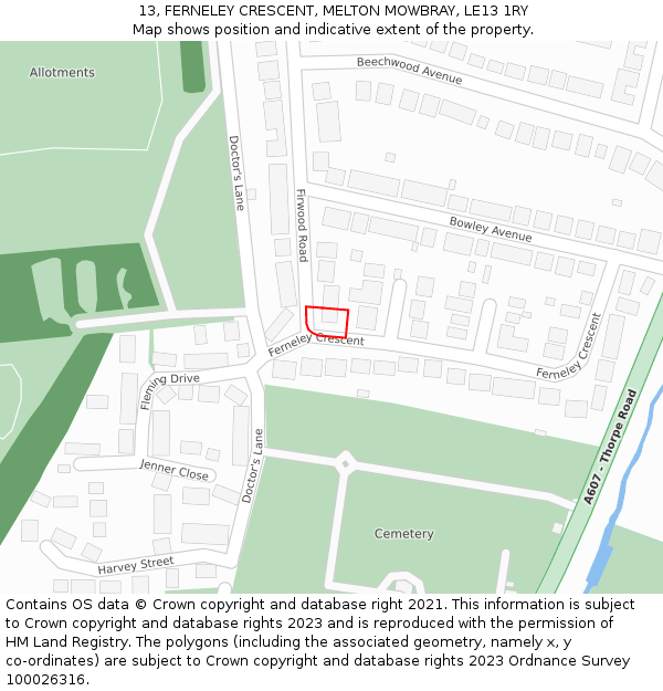 13, FERNELEY CRESCENT, MELTON MOWBRAY, LE13 1RY: Location map and indicative extent of plot