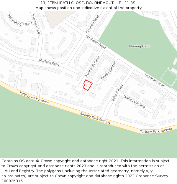 13, FERNHEATH CLOSE, BOURNEMOUTH, BH11 8SL: Location map and indicative extent of plot