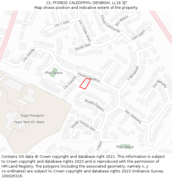 13, FFORDD CALEDFRYN, DENBIGH, LL16 3JT: Location map and indicative extent of plot
