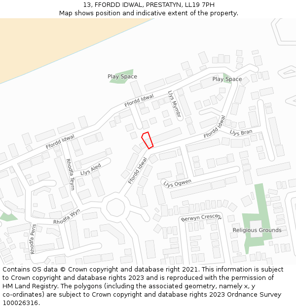 13, FFORDD IDWAL, PRESTATYN, LL19 7PH: Location map and indicative extent of plot