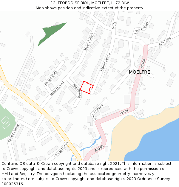 13, FFORDD SEIRIOL, MOELFRE, LL72 8LW: Location map and indicative extent of plot