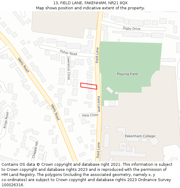 13, FIELD LANE, FAKENHAM, NR21 9QX: Location map and indicative extent of plot