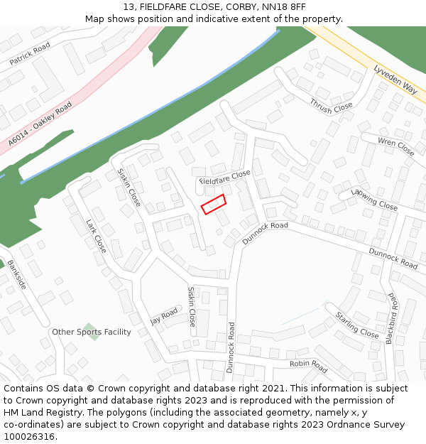 13, FIELDFARE CLOSE, CORBY, NN18 8FF: Location map and indicative extent of plot