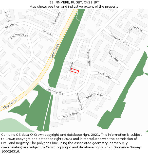 13, FINMERE, RUGBY, CV21 1RT: Location map and indicative extent of plot