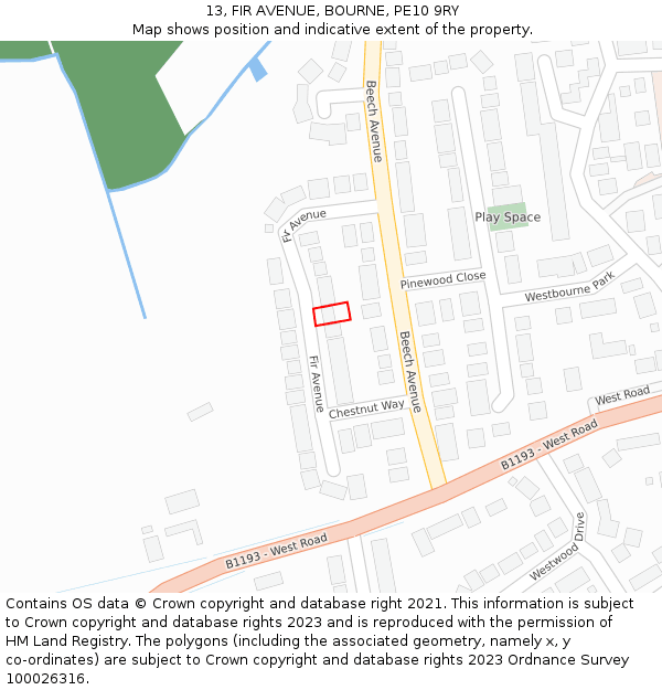 13, FIR AVENUE, BOURNE, PE10 9RY: Location map and indicative extent of plot