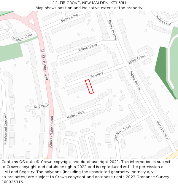 13, FIR GROVE, NEW MALDEN, KT3 6RH: Location map and indicative extent of plot