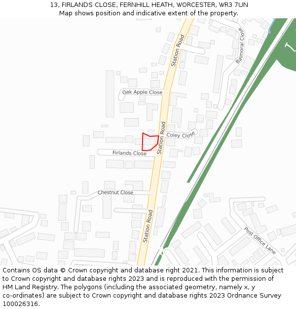 13, FIRLANDS CLOSE, FERNHILL HEATH, WORCESTER, WR3 7UN: Location map and indicative extent of plot