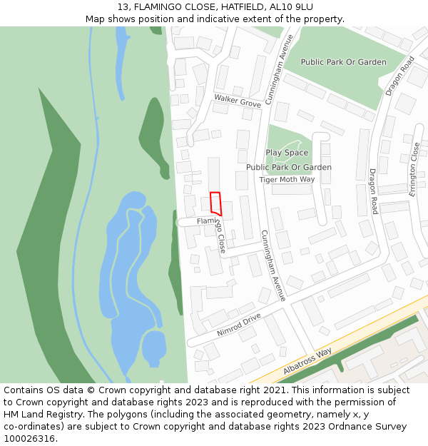 13, FLAMINGO CLOSE, HATFIELD, AL10 9LU: Location map and indicative extent of plot