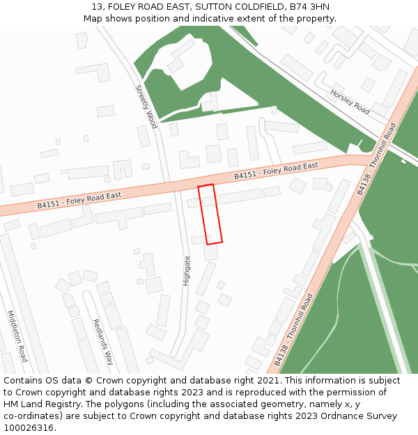 13, FOLEY ROAD EAST, SUTTON COLDFIELD, B74 3HN: Location map and indicative extent of plot