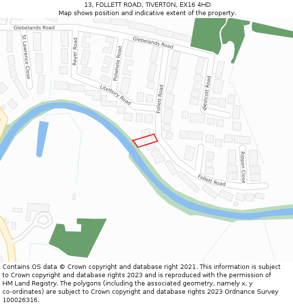 13, FOLLETT ROAD, TIVERTON, EX16 4HD: Location map and indicative extent of plot