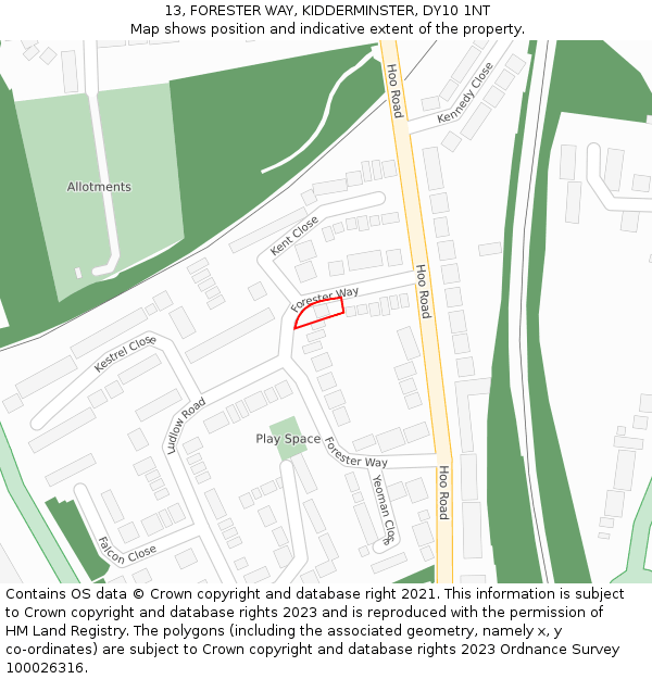 13, FORESTER WAY, KIDDERMINSTER, DY10 1NT: Location map and indicative extent of plot