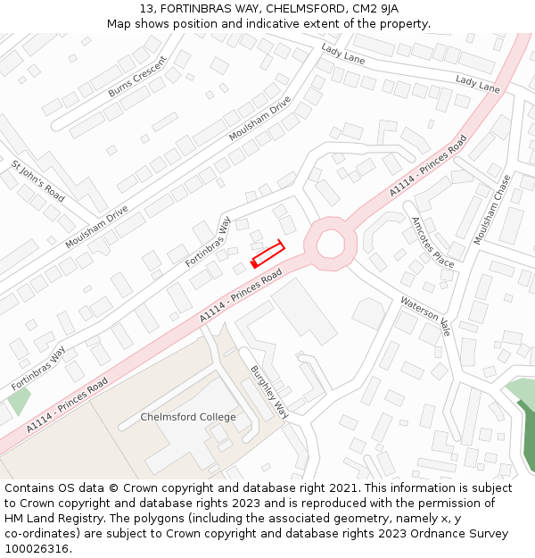 13, FORTINBRAS WAY, CHELMSFORD, CM2 9JA: Location map and indicative extent of plot