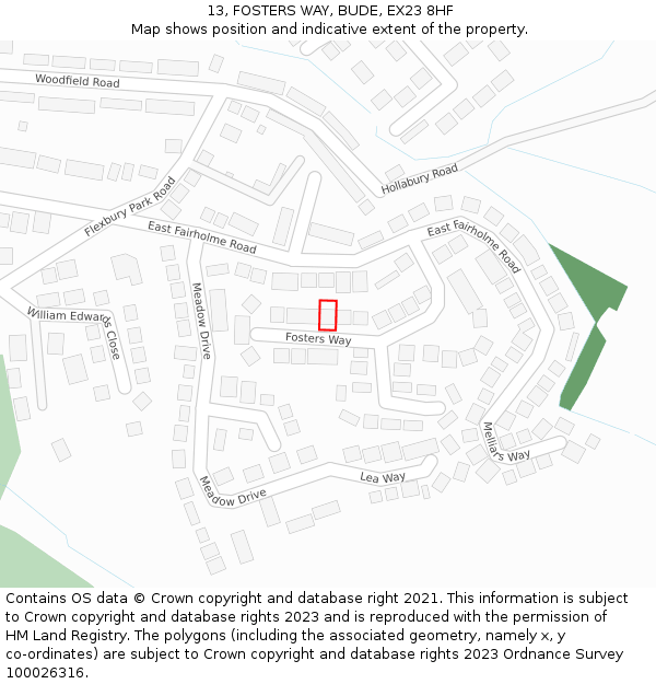 13, FOSTERS WAY, BUDE, EX23 8HF: Location map and indicative extent of plot