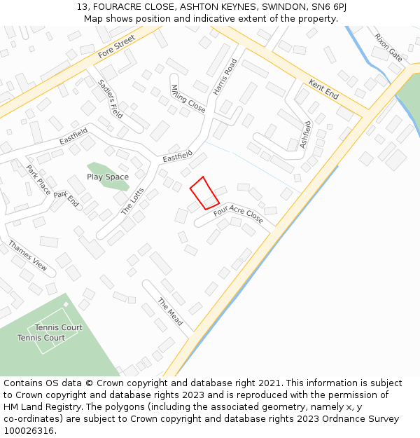 13, FOURACRE CLOSE, ASHTON KEYNES, SWINDON, SN6 6PJ: Location map and indicative extent of plot