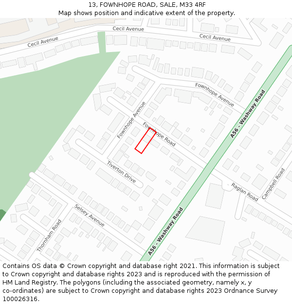 13, FOWNHOPE ROAD, SALE, M33 4RF: Location map and indicative extent of plot