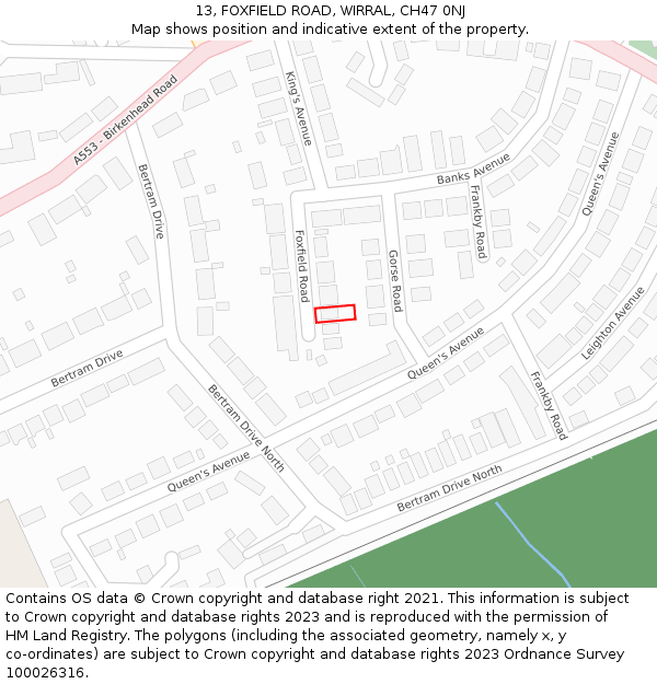 13, FOXFIELD ROAD, WIRRAL, CH47 0NJ: Location map and indicative extent of plot