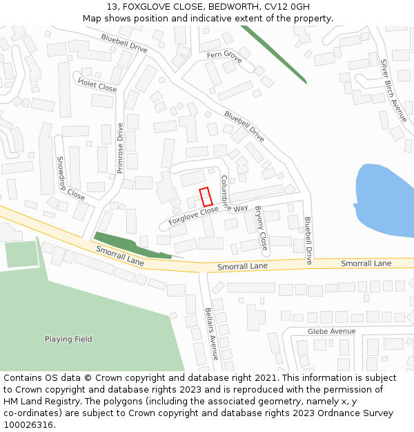 13, FOXGLOVE CLOSE, BEDWORTH, CV12 0GH: Location map and indicative extent of plot