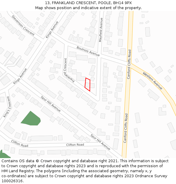 13, FRANKLAND CRESCENT, POOLE, BH14 9PX: Location map and indicative extent of plot