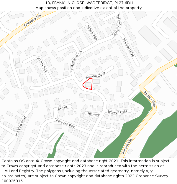 13, FRANKLIN CLOSE, WADEBRIDGE, PL27 6BH: Location map and indicative extent of plot