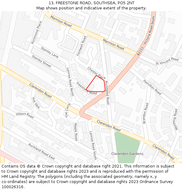 13, FREESTONE ROAD, SOUTHSEA, PO5 2NT: Location map and indicative extent of plot