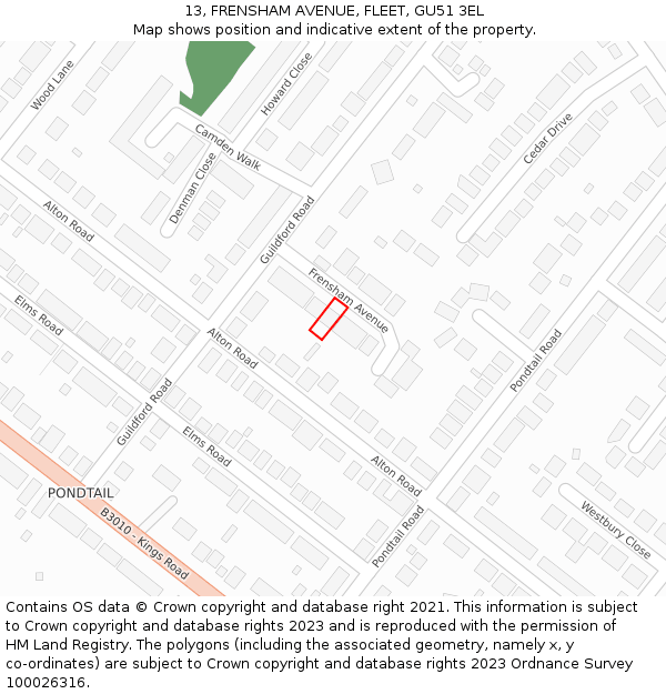 13, FRENSHAM AVENUE, FLEET, GU51 3EL: Location map and indicative extent of plot