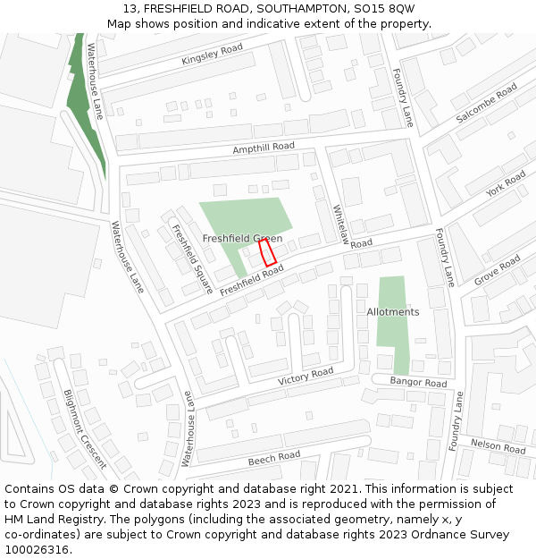 13, FRESHFIELD ROAD, SOUTHAMPTON, SO15 8QW: Location map and indicative extent of plot